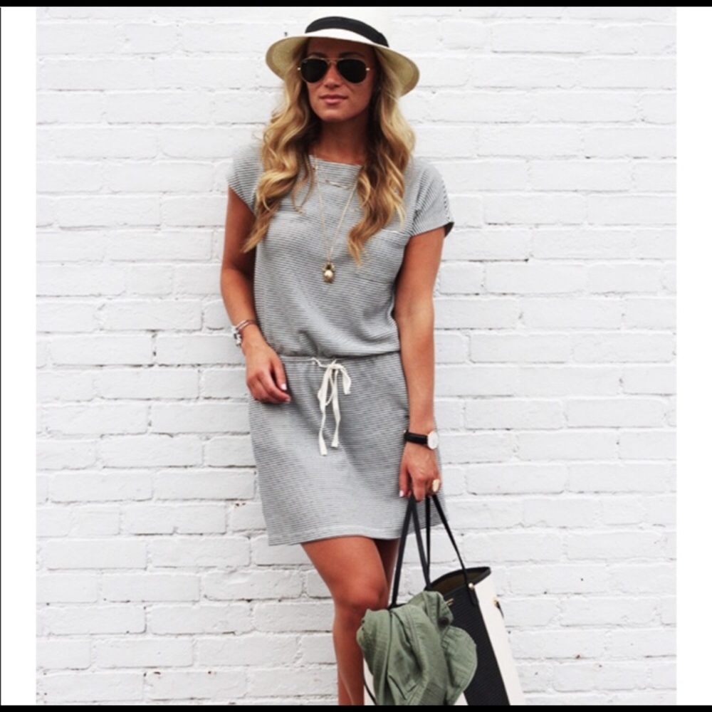 Lou & Grey LOFT Gray Striped Drawstring Dress